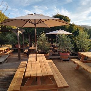 outdoor patio with umbrellas